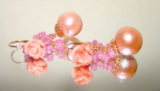 14k Gold Carved Angel Skin Coral Pink Edison Pearl Earrings