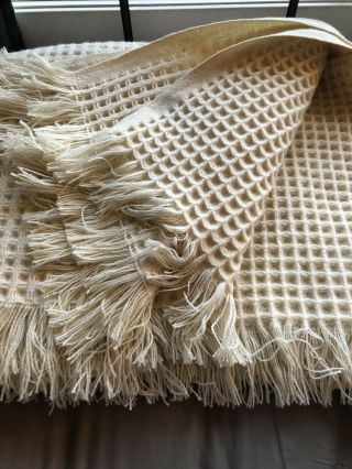 Vintage Faribo Wool Blanket Throw Size Ivory Cream Waffle Pattern Fringe 48”x68”