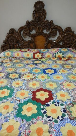 Awesome Vintage Feed Sack Grandmother’s Flower Garden Quilt Top L81.
