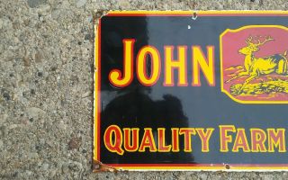 Vintage JOHN DEERE QUALITY FARM IMPLEMENTS porcelain sign farm gas oil Dealer 2