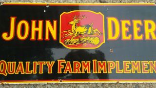 Vintage JOHN DEERE QUALITY FARM IMPLEMENTS porcelain sign farm gas oil Dealer 3