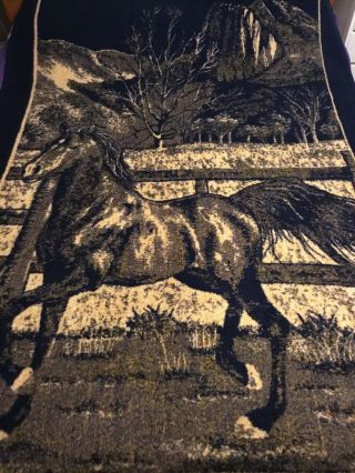 Vintage San Marcos Blanket Horse Running By Fence Black Brown Reversible 84 " X56”