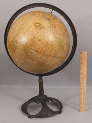 C1900 Antique Rand Mcnally 12inch Terrestrial Globe W/ Art Nouveau Iron Base Nr