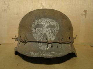 Ww2 German M - 40 Helmet With Barbed Wire Net And Skull.  Size 66.