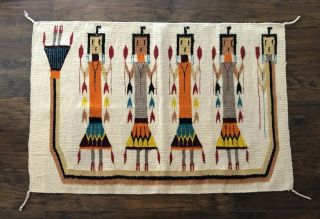 Vintage Native American Navajo Yei Style Hand Woven Rug 35.  5” By 24”