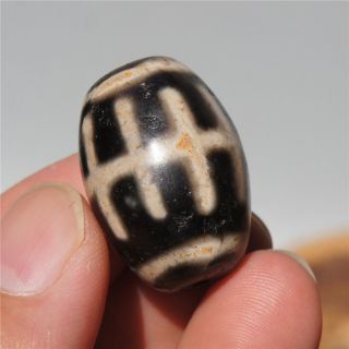 Tibetan Dzi Beads Black Old Agate Dallow White Line Totem Amulet Pendant 28×21mm