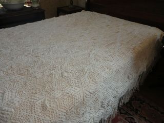 Vintage Hand Crochet Lace Coverlet Full Bed Cover Fringed Ecru Cotton 70 " X 90 "