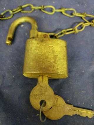 Vintage U.  S.  Set Fort Brass Padlock US Pad Lock w/ 2 Keys chain (f2) 2