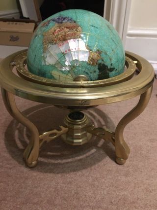 Large Lapis Lazuli & Semi Precious Gemstone World Globe On Stand With Compass