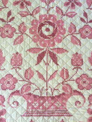 Vtg Hand Stitched Embroidered Floral Bouquet Quilt 93” X 81” Red/pink