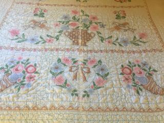Vtg Hand Stitched Embroidered Floral Bouquet Birds Quilt Full/queen