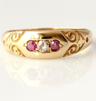 Antique Victorian 18ct Yellow Gold Diamond & Ruby Gypsy Ring.  1900.  Size Q.