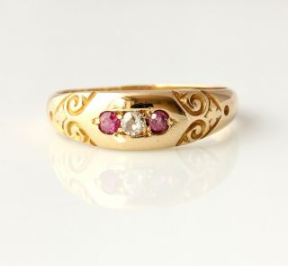 Antique Victorian 18ct Yellow Gold Diamond & Ruby Gypsy Ring.  1900.  Size Q. 2