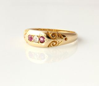 Antique Victorian 18ct Yellow Gold Diamond & Ruby Gypsy Ring.  1900.  Size Q. 3