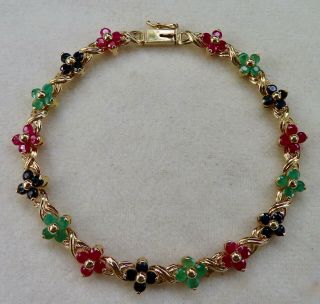 Vintage Ruby Emerald & Sapphire Flower Link 14k Gold Bracelet 10.  8 Grams 7.  5 "