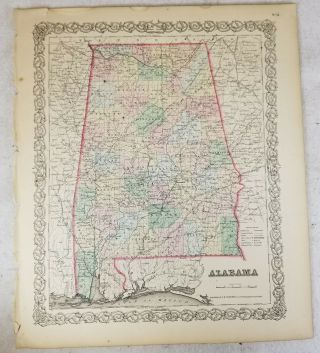 Antique Hand Colored Lithograph Map Of Alabama Colton 