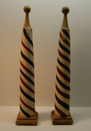 2 Antique Solid Wood Barber Poles,  Paint Red,  White,  Blue Stripes,  32 "