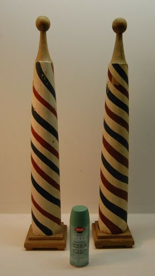 2 Antique Solid Wood Barber Poles,  Paint Red,  White,  Blue Stripes,  32 