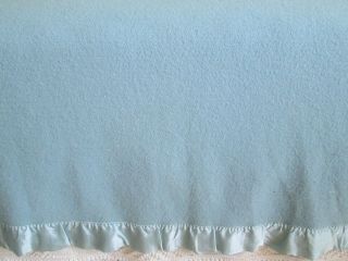 Vintage FARIBO 100 Wool Blanket Blue with Satin Binding Made In USA 60 x 78 2