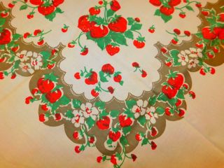 Nos Vintage Broderie Cotton Printed Tablecloth Red Strawberries 42x42