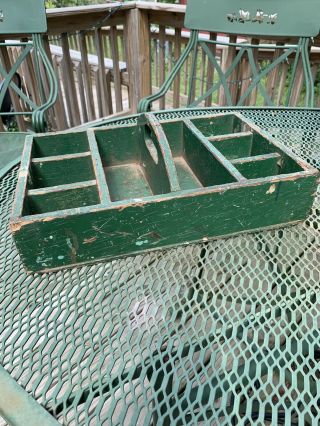 Vintage Wood Tool Box Tote Nail Carrier Arts Crafts Caddy Green Chippy Paint