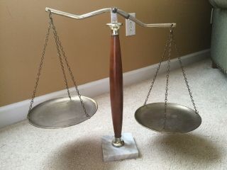 Vintage Brass & Wood Balance Scale On Marble Square Base Lawyer Decoration