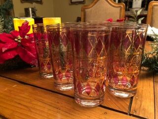 8 Vintage Red And Gold Diamond Glasses Tumblers Midcentury Barware Culver?