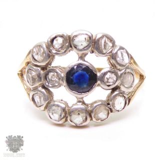 Georgian Antique 14ct Gold Natural Blue Sapphire & Old Cut Diamond Halo Ring
