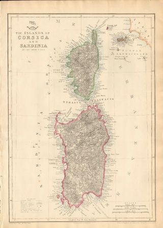 1863 Large Antique Map - Dispatch Atlas - Islands Of Corsica And Sardinia