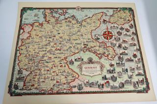 Vintage 1935 A Pictorial Map Of Germany Colortext Publications