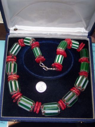Huge Vintage Chevron Trade Bead & Coral Necklace