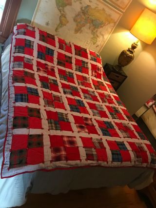 Vtg Handmade Patchwork Red Flannel Multi - Colored Quilt 4 " Squares 66”x74” 4