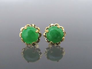 18k Solid Yellow Gold Natural Apple Green Jadeite Jade Flower Earrings