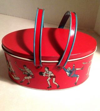 Vintage Red 1933 Ohio Art Lunch Box Tin Pail - All Sports Graphics