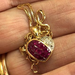 Vintage 14k Gold Natural 3/4 Carat Ruby Diamond Heart Pendant Necklace14kt Small