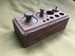 Vintage Or Antique Brass Balance Scale Weights With Wooden Holder Or Box