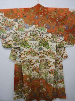 Cream Silk Japanese Chirimen - Ji Kimono W/liles,  Botan E728