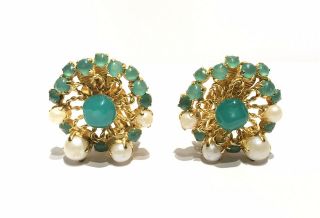 Vtg Signed 1967 Christian Dior Germany Emerald Cabochon Rhinestone Clip Earrings