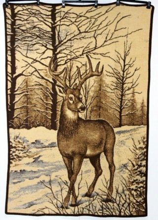 Vintage Deer Brown Blue Reversible Blanket Acrylic 73 " X 50 "