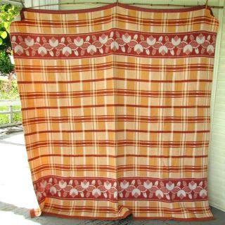 Vtg Brown Art Deco Floral REVERSIBLE Cotton Camp Cabin Beacon Blanket 72x76 3