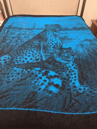 San Marcos Cheetah Leopard Blanket Cat Blue & Black Vtg Reversible 66”x 82”