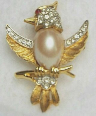 Vintage Trifari Crown Gold Tone Alfred Philippe Pearl Crystal Bird Pin Signed