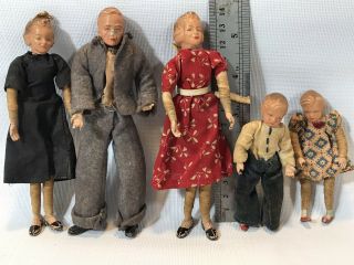 5 Vintage Caco Dollhouse Dolls Mom,  Dad,  2 Children,  Maid Metal Hands & Feet