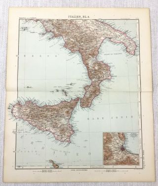 1907 Antique Map Of Italy Sicily Palermo Malta Lipari Aeolian Islands Tyrrhenian