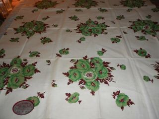 Vintage Woodstock Green Poppy Floral Cotton Tablecloth Label On