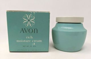 Vintage Avon Rich Moisture Cream 3.  5 Oz Blue Ceramic Jar W/ Box Usa