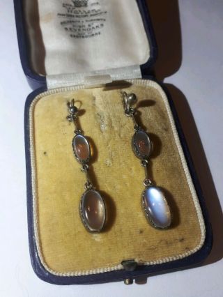 Antique,  Victorian Sterling Silver Natural Moonstone Gem Pendant Long Earrings