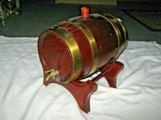 Vintage 5 Litre Oak & Brass Port Wine Whiskey Rum Barrel With Tap On Wood Stand