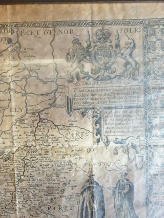 Antique Map JOHN SPEEDE c1610 “Cambridgeshire & Arms of Princes 