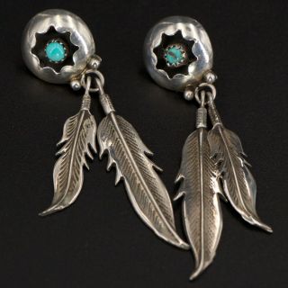 Vtg Sterling Silver - Navajo Turquoise Snake Eye Feather Dangle Earrings - 8.  5g